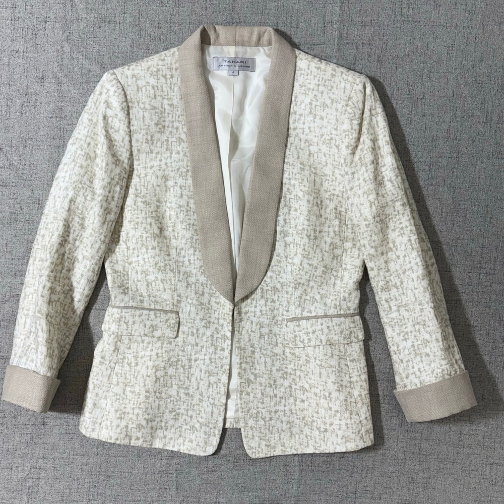 TAHARI Arthur S Levine Women Pant Suit Jacket 6 Cream Beige Hemp Linen Textured - Picture 3 of 12